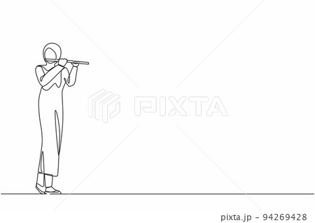 Continuous one line drawing Arabian female musician playing flute. Flutist performing classical music on wind instrument. Solo performance of talented flautist. Single line design vector illustration 94269428