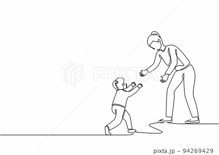 Continuous one line drawing mom and little daughter running to each other with open arms. Mother, girl, kid. Parenthood, childhood, parenting concept. Single line design vector graphic illustration 94269429