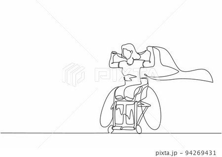 Single one line drawing young amputee woman with body injuries raising flag. Disabled athlete sitting on racing wheelchair, disabled sportswoman. Continuous line design graphic vector illustration 94269431
