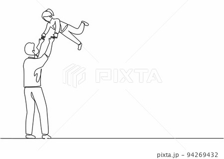 Single one line drawing dad carry his daughter. Father's day in activity, sense of tenderness of children, carrying of love, his child's enjoy flying and play. Continuous line design graphic vector 94269432