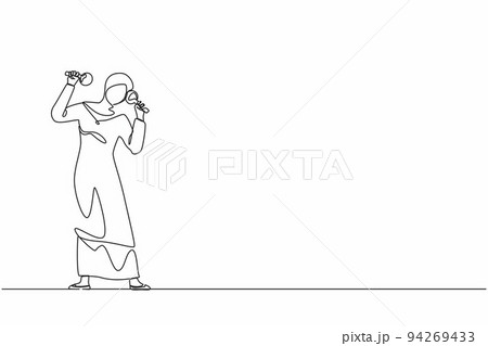 Single continuous line drawing Arabian woman street band player mariachi plays maracas. Female performer with maracas musical instruments, mariachi player at national festival. One line design vector 94269433