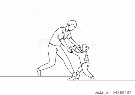 Single one line drawing joyful little daughter running to dad for family hug. Happy little girl meeting man with love. Family, Fathers day, childhood concept. Continuous line design graphic vector 94269434
