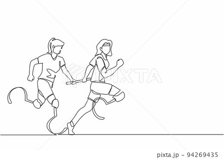 Single continuous line drawing two disable runners with prosthesis leg, disability women, amputee athletes, amputees running in relay race handing over the baton. One line draw graphic design vector 94269435