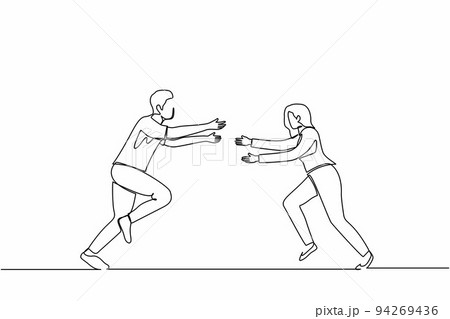 Continuous one line drawing happy man and woman run to meet each other. Female want to embrace male friend. Happy couple. Meeting of friends, love concept. Single line draw design vector illustration 94269436