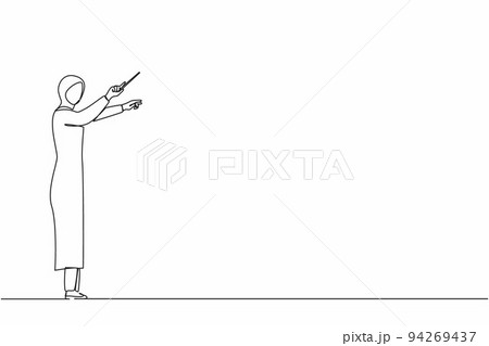 Single one line drawing Arabian woman music conductor. Female musician perform on stage directing symphony orchestra. Classical music performance, instrumental ensemble. Continuous line design vector 94269437