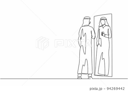 Continuous one line drawing Arab businessman wearing Arabian clothes making selfie in stand in front of mirror. Man taking selfie. Addiction on smartphone, internet. Single line design vector graphic Continuous one line drawing Arab businessman wearing Arabian clothes making selfie in stand in front of mirror. Man taking selfie. Addiction on smartphone, internet. Single line design vector graphic 94269442