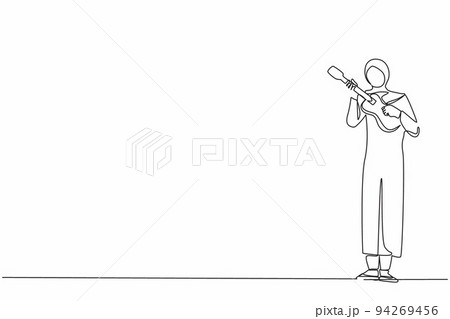 Single continuous line drawing Arabian girl playing on ukulele and having fun. Female musician holding small guitar and singing. Woman play on musical instrument. One line draw graphic design vector 94269456