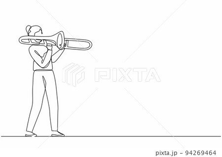 Single continuous line drawing trombone player. Female performer play wind instrument. Music artist girl. Jazz woman. Musician play trumpet. Classic music event. One line draw graphic design vector 94269464