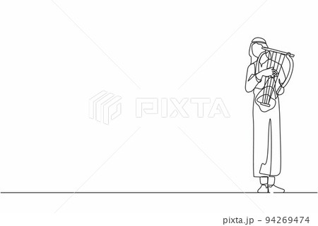 Single one line drawing Arab male musician playing musical lyre. Classical music orchestra man artist with music instrument. Professional musician performs. Continuous line draw design graphic vector Single one line drawing Arab male musician playing musical lyre. Classical music orchestra man artist with music instrument. Professional musician performs. Continuous line draw design graphic vector 94269474
