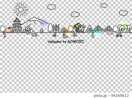 Simple line drawing illustration of the cityscape and people of tourist spots in Aomori Prefecture 94269612
