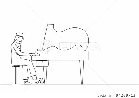 Single continuous line drawing Arab man plays piano. Male performer sits at musical instrument and plays jazz or blues. Professional musician. Person performs on stage. One line graphic design vector Single continuous line drawing Arab man plays piano. Male performer sits at musical instrument and plays jazz or blues. Professional musician. Person performs on stage. One line graphic design vector 94269713