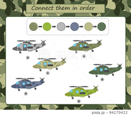 Educational game for kids. Find the right shadow. Military transport, helicopter, tank, ship. Activity for preschool years kids and toddlers. Vector illustration. 94270422