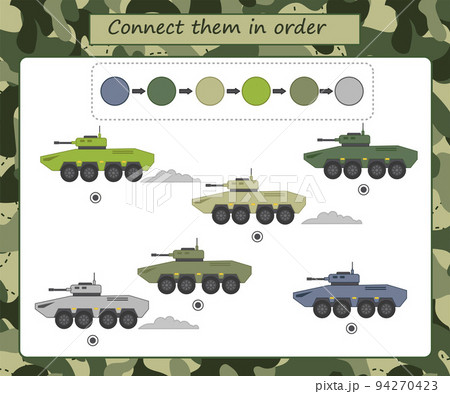 Educational game for preschool children. Connect point by point, according to the sample. Color training. Military equipment. The development of logic and attention. Vector illustration. Printable 94270423