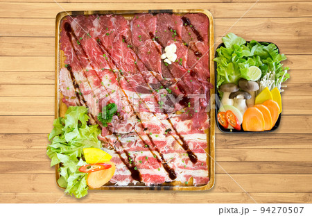 Top view of Big Set of striped calf beef prepare for grilled, focus selective 94270507