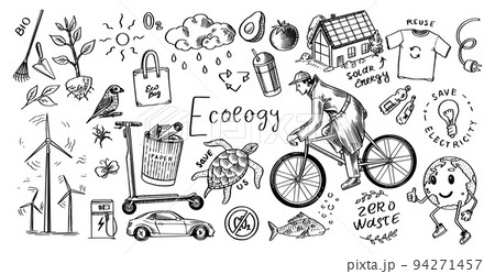 Ecology background. Zero waste. Hand drawn eco transport, bio. Waste sorting and recycling Ecology background. Zero waste. Hand drawn eco transport, bio. Waste sorting and recycling 94271457