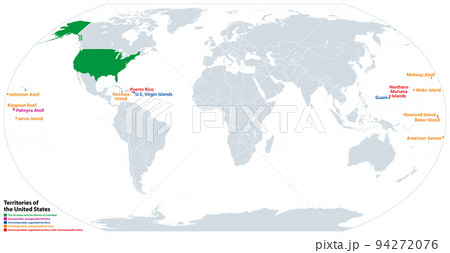 Territories of the United States, political map. Subnational administrative divisions. The 50 states, and incorporated, unincorporated, organized, unorganized and territories with Commonwealth status. 94272076