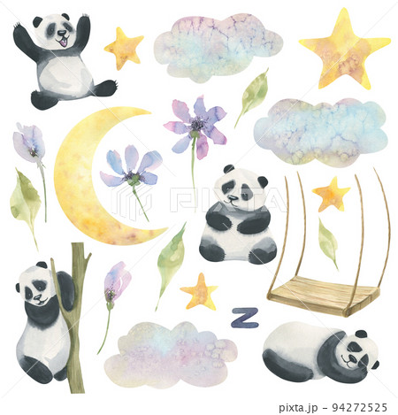 A set with cute cartoon pandas, swings, moon, stars, clouds and delicate, abstract, purple flowers. Children's, watercolor illustration, isolated objects on a white background. For decoration, design. A set with cute cartoon pandas, swings, moon, stars, clouds and delicate, abstract, purple flowers. Children's, watercolor illustration, isolated objects on a white background. For decoration, design. 94272525