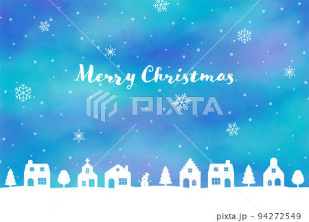 オーロラが煌めく雪の降る空とクリスマスの街並みの背景イラスト 94272549