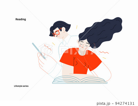 Lifestyle series - Reading - modern flat vector illustration of a man and a woman reading the books. People activities concept 94274131