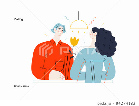 Lifestyle series - Dating - modern flat vector illustration of a woman and a man dating in the restaurant sitting at the table drinking wine, vase with a flower. People activities concept 94274132