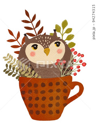 Cute owl sitting in a cup with autumn bouquet 94274315