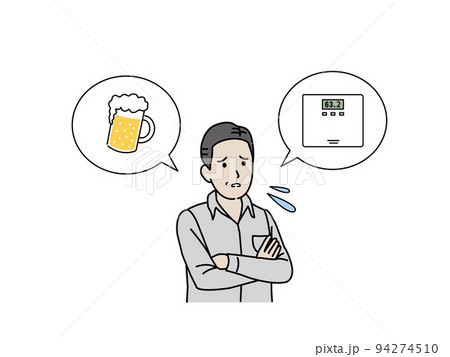 お酒の飲みすぎで太る　中年の男性　中年太り　肥満　ビール　イラスト 94274510