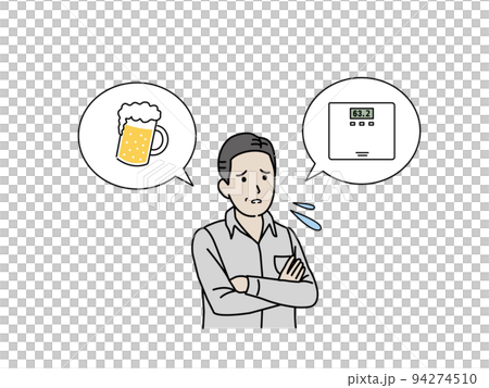 お酒の飲みすぎで太る　中年の男性　中年太り　肥満　ビール　イラスト 94274510