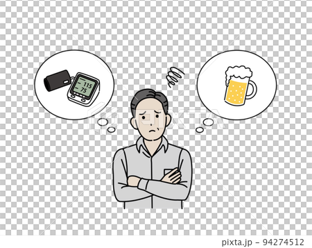 擔心高血壓中年人血壓喝啤酒插畫 擔心高血壓中年人血壓喝啤酒插畫 94274512