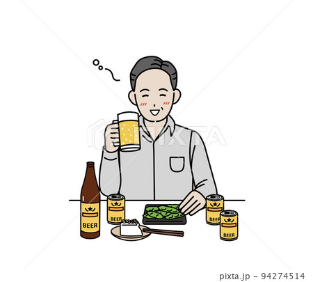 ビールを飲む中年の男性 飲酒 晩酌 飲みすぎ 酔う イラストのイラスト素材