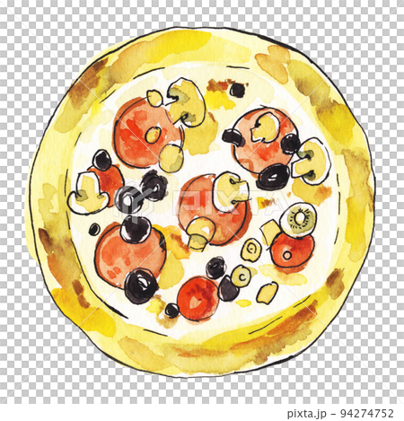比薩香腸、蘑菇和橄欖的水彩插圖 94274752