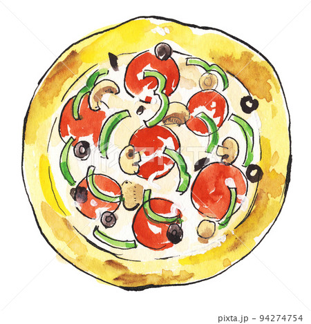 ピザ　マッシュルームとサラミとオリーブとピーマンの水彩イラスト 94274754