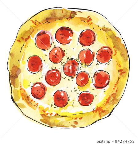 ピザ サラミとチーズの水彩イラストのイラスト素材 [94274755] - PIXTA