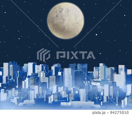 ぼんやりした月と東京都市風景ー都会の夜景風景 星空の幻想的な美しいイラスト壁紙素材のイラスト素材