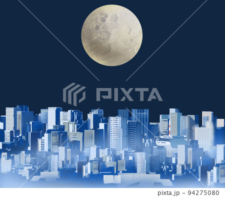 満月と東京都市風景ー都会の夜景風景 星空の幻想的な美しいイラスト壁紙素材のイラスト素材