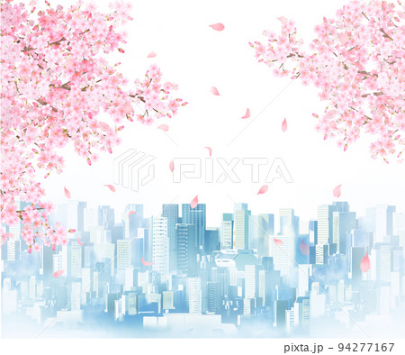 美しく華やかな満開の薄いピンク色の桜とノスタルジーな都市風景白バックフレーム背景素材イラスト 94277167