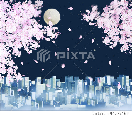 美しく華やかな満開の夜桜とノスタルジー星の散りばめられた夜の都市風景フレーム背景素材イラスト 美しく華やかな満開の夜桜とノスタルジー星の散りばめられた夜の都市風景フレーム背景素材イラスト 94277169