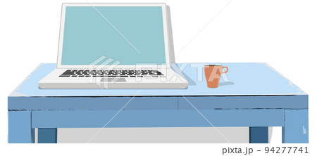 使い古した水色の机の上のノートパソコンとコーヒーカップ　背景なし　透過PNG　透明 94277741