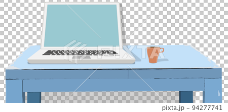 使い古した水色の机の上のノートパソコンとコーヒーカップ　背景なし　透過PNG　透明 94277741
