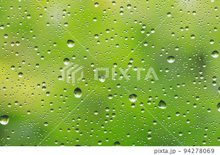 雨滴のガラス窓に映る緑の風景 94278069