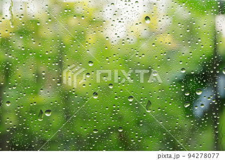 雨滴のガラス窓に映る緑の風景 雨滴のガラス窓に映る緑の風景 94278077