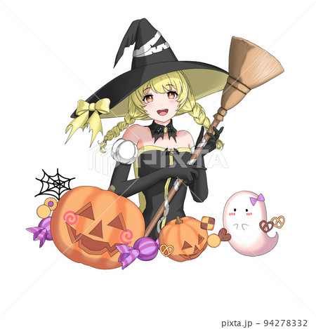 魔女のコスプレをした黄色担当三つ編みの女の子のイラスト素材