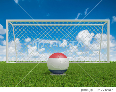 soccer balls in Netherlands flags colors on soccer field . 3d rendering soccer balls in Netherlands flags colors on soccer field . 3d rendering 94278487