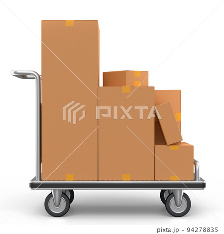Airport luggage cart or baggage trolley side with cardboard boxes or cartons 94278835