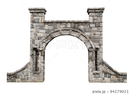 ancient architectural door with stone arcade archway and surrounding wall isolated on white background 94279021