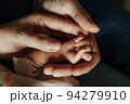 Family photo. Dad and mom are holding the little hand of their newborn baby. Three palms together. 94279910