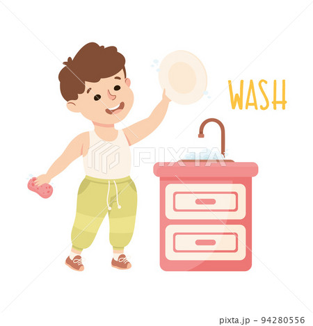 Little Boy Washing Dishes at Kitchen Sink Demonstrating Vocabulary and Verb Studying Vector Illustration Little Boy Washing Dishes at Kitchen Sink Demonstrating Vocabulary and Verb Studying Vector Illustration 94280556