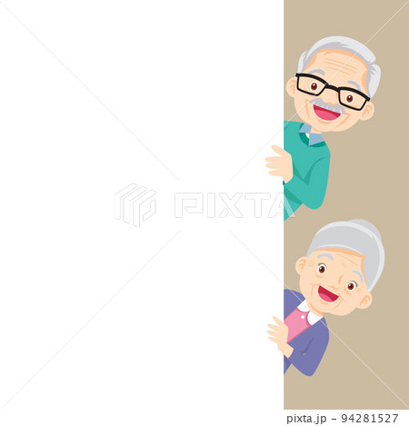 elderly couple peeking behind white board elderly couple peeking behind white board 94281527