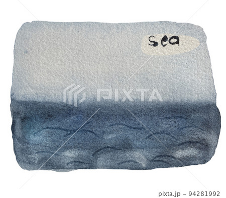 A watercolor hand drawn picture of grey sky and blue sea with waves A watercolor hand drawn picture of grey sky and blue sea with waves 94281992