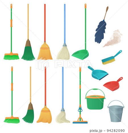 Cartoon household equipment set. A broom sweeps dust and dirt on scoop. mop or swab, feather duster, plastic bucket.Cleaning services, concept. Objects isolated white background. Stock vector. 94282090
