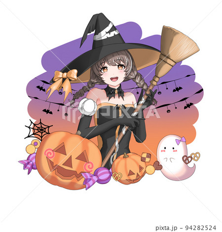 自然な髪色 背景あり 魔女のコスプレをしたオレンジ担当三つ編みの女の子のイラスト素材